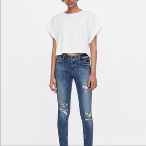 NWT Zara Mid Rise Skinny Pinstripe Black Beaded Distressed Jeans - Size 2